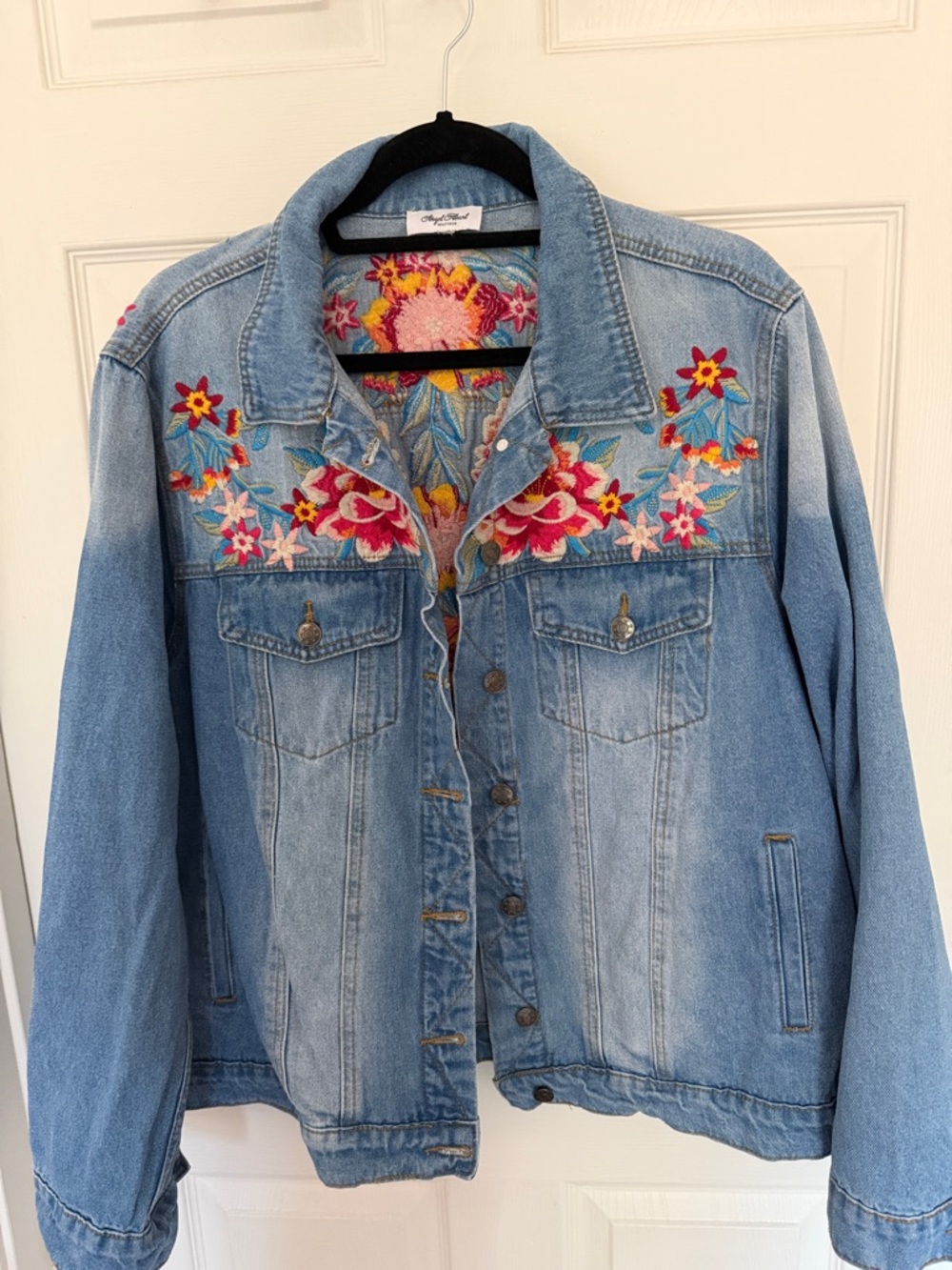 Embroidered Light Blue Denim Jacket with Floral Detail